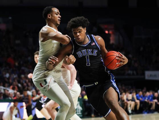 January 04, 2020: Duke Blue Devils center Vernon Carey Jr. (1) drives to the basket pressured by Miami Hurricanes center Rodney Miller Jr. (14) during the first half of an NCAA, College League, USA men s basketball game at the Watsco Center in Coral Gables, Florida. CSM NCAA Basketball 2020: Duke vs Miami JAN 04 - ZUMAc04_ 20200104_zaf_c04_358 Copyright: xMarioxHoubenx