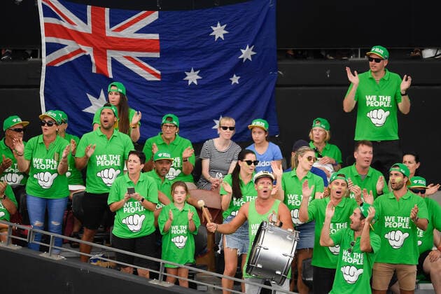 ATP, Tennis Herren CUP BRISBANE DAY 3, Australian fans show their support during the match between Alex De Minaur of Australia and Denis Shapovalov of Canada during day 3 of the ATP Cup tennis tournament at Pat Rafter Arena in Brisbane, Sunday, January 5, 2020. ( NO ARCHIVING, EDITORIAL USE ONLY, NO USE IN BOOKS WITHOUT CONSENT BRISBANE QLD AUSTRALIA  Copyright: xALBERTxPEREZx 20200105001440382036