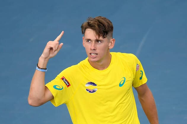 ATP, Tennis Herren CUP BRISBANE DAY 3, Alex De Minaur of Australia celebrates winning his match against Denis Shapovalov of Canada during day 3 of the ATP Cup tennis tournament at Pat Rafter Arena in Brisbane, Sunday, January 5, 2020. ( NO ARCHIVING, EDITORIAL USE ONLY, NO USE IN BOOKS WITHOUT CONSENT BRISBANE QLD AUSTRALIA  Copyright: xALBERTxPEREZx 20200105001440382682