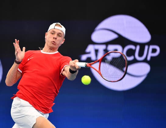 ATP, Tennis Herren CUP BRISBANE DAY 3, Denis Shapovalov of Canada in action during his match against Alex de Minaur of Australia on day 3 of the ATP Cup tennis tournament at Pat Rafter Arena in Brisbane, Sunday, January 5, 2020. ( NO ARCHIVING, EDITORIAL USE ONLY, NO USE IN BOOKS WITHOUT CONSENT BRISBANE QLD AUSTRALIA  Copyright: xDARRENxENGLANDx 20200105001440384702