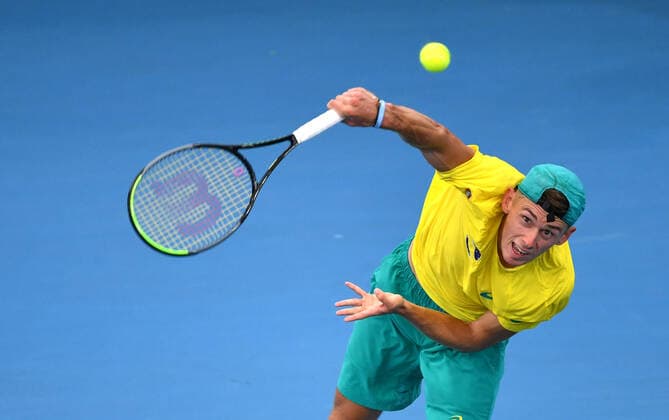 ATP, Tennis Herren CUP BRISBANE DAY 3, Alex de Minaur of Australia in action during his match against Denis Shapovalov of Canada during day 3 of the ATP Cup tennis tournament at Pat Rafter Arena in Brisbane, Sunday, January 5, 2020. ( NO ARCHIVING, EDITORIAL USE ONLY, NO USE IN BOOKS WITHOUT CONSENT BRISBANE QLD AUSTRALIA  Copyright: xDARRENxENGLANDx 20200105001440385699