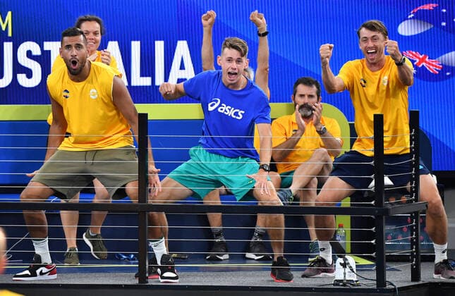 Sport Bilder des Tages ATP, Tennis Herren CUP BRISBANE DAY 3, Team Australia players Nick Kyrgios (left), Alex de Minaur (centre) and John Millman of Australia are seen celebrating as their team mates Chris Guccione and John Peers of Australia play their doubles match against Felix Auger-Aliassime and Adil Shamasdin of Canada during day 3 of the ATP Cup tennis tournament at Pat Rafter Arena in Brisbane, Sunday, January 5, 2020. ( NO ARCHIVING, EDITORIAL USE ONLY, NO USE IN BOOKS WITHOUT CONSENT BRISBANE QLD AUSTRALIA  Copyright: xDARRENxENGLANDx 20200105001440396968