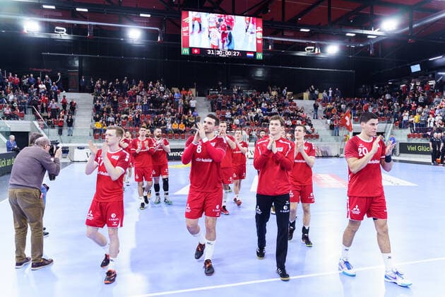 05 01 2020, Winterthur, AXA Arena, Yellow Cup Switzerland Holland, Swiss Handball Nati wins the Yellow Cup 2020 From left Maximilian Gerbl Switzerland , Michal Svajlen Switzerland , Goalkeeper Leonard Grazioli Switzerland , Luka Maros Switzerland Winterthur AXA Arena Zurich Switzerland Copyright: xJustPictures.ch VedranxGalijasx