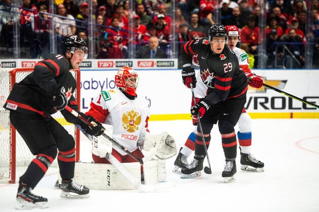 200105 Alexis Lafreniere and Nolan Foote of Canada against goalkeeper Amir Miftakhov of Russia during the 2020 IIHF World Junior Championship gold medal game between Canada and Russia on January 5, 2020 in Ostrava Photo Simon Hastegard BILDBYRAN kod SH 180176 ishockey ice hockey u20 jvm jvm 2020 jvm 19 20 iihf world junior championship world juniors bbeng final kanada ryssland,  Copyright: SIMONxHASTEGARD BB200105ZZ011