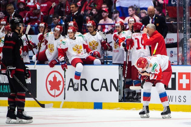200105 Yegor Zamula of Russia in pain after celebrating the 0 1 goal during the 2020 IIHF World Junior Championship gold medal game between Canada and Russia on January 5, 2020 in Ostrava Photo Simon Hastegard BILDBYRAN kod SH 180176 ishockey ice hockey u20 jvm jvm 2020 jvm 19 20 iihf world junior championship world juniors bbeng final kanada ryssland jubel ont skada,  Copyright: SIMONxHASTEGARD BB200105ZY019