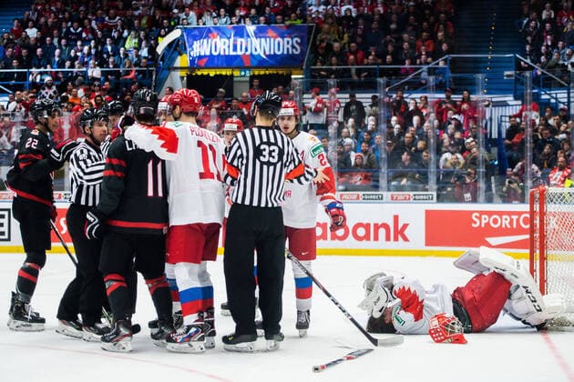 200105 Goalkeeper Amir Miftakhov of Russia in pain during the 2020 IIHF World Junior Championship gold medal game between Canada and Russia on January 5, 2020 in Ostrava Photo Simon Hastegard BILDBYRAN kod SH 180176 ishockey ice hockey u20 jvm jvm 2020 jvm 19 20 iihf world junior championship world juniors bbeng final kanada ryssland,  Copyright: SIMONxHASTEGARD BB200105ZO017