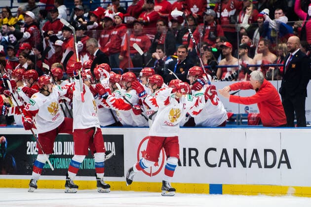 200105 Grigori Denisenko of Russia celebrate with teammates after 1 2 during the 2020 IIHF World Junior Championship gold medal game between Canada and Russia on January 5, 2020 in Ostrava Photo Simon Hastegard BILDBYRAN kod SH 180176 ishockey ice hockey u20 jvm jvm 2020 jvm 19 20 iihf world junior championship world juniors bbeng final kanada ryssland jubel,  Copyright: SIMONxHASTEGARD BB200105ZX016