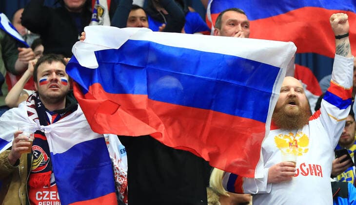 OSTRAVA, CZECH REPUBLIC - JANUARY 5, 2020: Supporters of the Russian team wave national flags during the 2020 World Junior Ice hockey, Eishockey Championship final match between Canada and Russia at Ostravar Arena. Peter Kovalev TASS  TS0C97F3