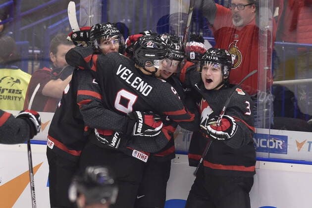 Players of Canada celebrate a goal during the 2020 IIHF World Junior Ice hockey, Eishockey Championships final game between Russia and Canada in Ostrava, Czech Republic, on January 5, 2020. At center is Joel Veleno. (CTKxPhoto JaroslavxOzana) CTKPhotoP202001050650501  _JAO8420