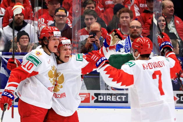 OSTRAVA, CZECH REPUBLIC - JANUARY 5, 2020: Russia s Dmitry Voronkov, Nikita Aleksandrov, and Alexander Khovanov (L-R) celebrate a goal in the 2020 World Junior Ice hockey, Eishockey Championship final match between Canada and Russia at Ostravar Arena. Peter Kovalev TASS  TS0C97F6