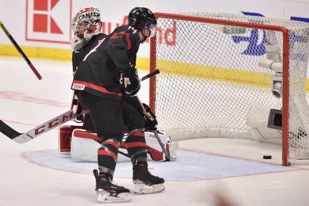 Canadian goalkeeper Joel Hofer, left, and Jared McIsaac of Canada during the 2020 IIHF World Junior Ice hockey, Eishockey Championships final game between Russia and Canada in Ostrava, Czech Republic, on January 5, 2020. (CTKxPhoto JaroslavxOzana) CTKPhotoP202001050690901  JAO 15