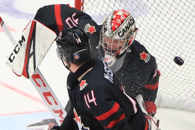 OSTRAVA, CZECH REPUBLIC - JANUARY 5, 2020: Canada s Jared McIsaac (front) and goatender Joel Hofer concede a goal in the 2020 World Junior Ice hockey, Eishockey Championship final match between Canada and Russia at Ostravar Arena. Peter Kovalev TASS  TS0C9804