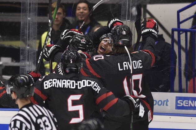 Players of Canada celebrate a goal during the 2020 IIHF World Junior Ice hockey, Eishockey Championships final game between Russia and Canada in Ostrava, Czech Republic, on January 5, 2020. (CTKxPhoto JaroslavxOzana) CTKPhotoP202001050703901  _JAO8560