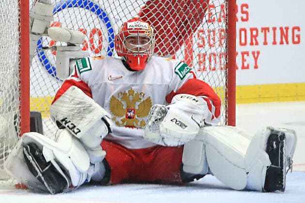 OSTRAVA, CZECH REPUBLIC - JANUARY 5, 2020: Russia s goaltender Amir Miftakhov concedes a goal in the 2020 World Junior Ice hockey, Eishockey Championship final match between Canada and Russia at Ostravar Arena. Peter Kovalev TASS  TS0C9809