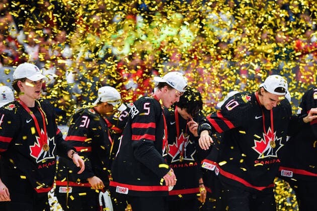 200105 Jacob Bernard Docker and Raphael Lavoie of Canada celebrate after the 2020 IIHF World Junior Championship gold medal game between Canada and Russia on January 5, 2020 in Ostrava Photo Simon Hastegard BILDBYRAN kod SH 180176 ishockey ice hockey u20 jvm jvm 2020 jvm 19 20 iihf world junior championship world juniors bbeng final kanada ryssland jubel,  Copyright: SIMONxHASTEGARD BB200105ZY029