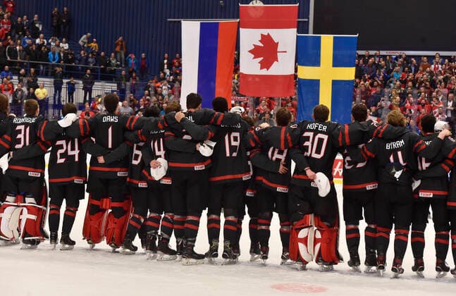 Players of Canada celebrate after winning the 2020 IIHF World Junior Ice hockey, Eishockey Championships final game between Russia and Canada in Ostrava, Czech Republic, on January 5, 2020. (CTKxPhoto JaroslavxOzana) CTKPhotoP202001050721401  _JAO8756
