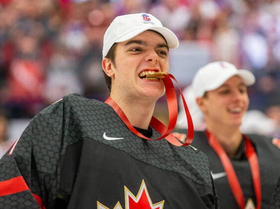Canadian goalkeeper Nico Daws celebrates after winning the 2020 IIHF World Junior Ice hockey, Eishockey Championships final game between Russia and Canada in Ostrava, Czech Republic, on January 5, 2020. (CTKxPhoto VladimirxPrycek) CTKPhotoP202001050724501  PRY 0021