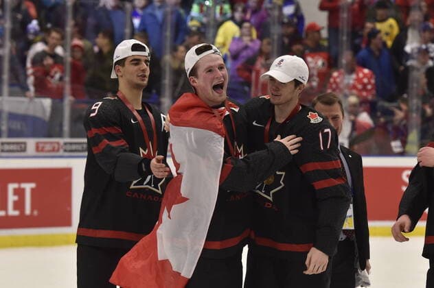 Players of Canada celebrate after winning the 2020 IIHF World Junior Ice hockey, Eishockey Championships final game between Russia and Canada in Ostrava, Czech Republic, on January 5, 2020. (CTKxPhoto JaroslavxOzana) CTKPhotoP202001050720501  _JAO8748