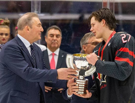 Barrett Hayton of Canada, right, with trophy after winning the 2020 IIHF World Junior Ice hockey, Eishockey Championships final game between Russia and Canada in Ostrava, Czech Republic, on January 5, 2020. At left is Vladislav Tretyak. (CTKxPhoto VladimirxPrycek) CTKPhotoP202001050727601  PRY 0018