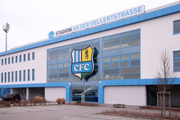 Chemnitz, 03 01 2020, Stadion an der Gellertstrasse, Football, 3 Liga , Chemnitzer FC , Stadium view In the picture Logo Emblem at the front of the main stand ,
