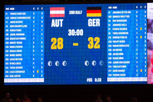 HANDBALL - AUT vs GER, test match VIENNA,AUSTRIA,06.JAN.20 - HANDBALL - OEHB international match, Länderspiel, Nationalmannschaft Austria vs Germany, test match. Image shows the scoreboard. GEPAxpictures xDavidxBitzan