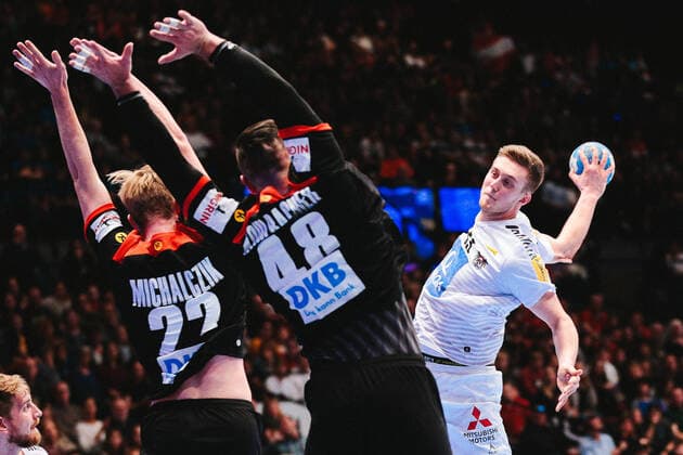 06 01 2020, Stadthalle, Vienna, AUT, EHF EM 2020, Test match, Austria vs. Germany, in the picture from l Marian Michalczik GER , Jannik Kohlbacher GER , Nikola Bilyk AUT during a friendly match at the men¥s EHF EURO 2020 between Austria and Germany at the Stadthalle in Vienna, Austria on 2020 01 06 Vienna EP_sro