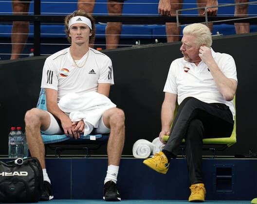 ATP, Tennis Herren CUP BRISBANE DAY 5, Alexander Zverev of Germany (left) is dejected as team captain Boris Becker looks on during Zverevs singles match against Denis Shapovalov of Canada during day 5 of the ATP Cup tennis tournament at Pat Rafter Arena in Brisbane, Tuesday, January 7, 2020. ( NO ARCHIVING, EDITORIAL USE ONLY, NO USE IN BOOKS WITHOUT CONSENT BRISBANE QLD AUSTRALIA  Copyright: xDAVExHUNTx 20200107001440800034