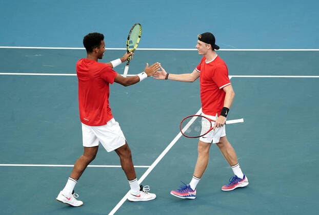ATP, Tennis Herren CUP BRISBANE DAY 5, Felix Auger-Aliassime (left) and Denis Shapovalov of Canada celebrate after winning their doubles match against Germany during day 5 of the ATP Cup tennis tournament at Pat Rafter Arena in Brisbane, Tuesday, January 7, 2020. ( NO ARCHIVING, EDITORIAL USE ONLY, NO USE IN BOOKS WITHOUT CONSENT BRISBANE QLD AUSTRALIA  Copyright: xDAVExHUNTx 20200107001440816373