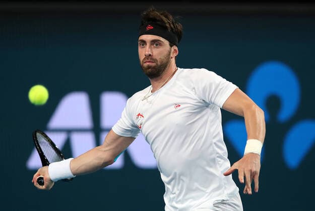 ATP, Tennis Herren CUP PERTH DAY 6, Nikoloz Basilashvili of Georgia in action during his game against Pablo Cuevas of Uruguay during day 6 of the ATP Cup tennis tournament at RAC Arena in Perth, Wednesday, January 8, 2020. ( NO ARCHIVING, EDITORIAL USE ONLY, NO USE IN BOOKS WITHOUT CONSENT PERTH WA AUSTRALIA  Copyright: xGARYxDAYx 20200108001441026107