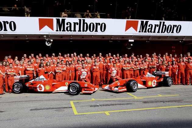SCHUMACHER Michael F1 Team Scuderia Ferrari with Team FERRARI and BARRICHELLO Rubens GP of Spain 2002 in Barcelona on 26 04 2002 in Barcelona