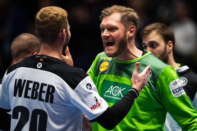 200109 Philipp Weber and goalkeeper Andreas Wolff celebrate after the EHF European Handball Championship match between Germany and the Netherlands on January 9, 2020 in Trondheim Photo Vegard Wivestad Grott BILDBYRAN kod VG 170456 bbeng handball handball handball handball em 2020 european mens handball championship 2020 em 2020 handballs in 2020 ehf euro 2020 germany germany germany holland netherlands dutch cheer,  Copyright: VEGARDxWIVESTADxGRoTT BB200109VG047