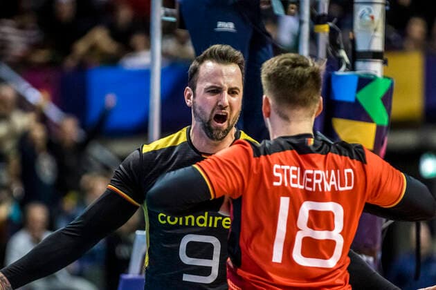 Jubilation GROZER Georg György 9 Opposite GER , STEUERWALD Markus 18 Libero GER 09 01 2020 Berlin, CEV European Olympic Qualification Tokyo 2020,