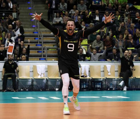 György Georg Grozer jubilant single picture freestyle action sports volleyball semi-final Olympic qualification national team men season 2019 2020 09 01 2020 Germany GER vs Bulgaria BUL