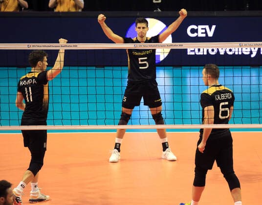 GER, Olympic Qualification, Germany VS Bulgaria 09 01 2020, Max Schmeling Halle, Berlin, GER, Olympic Qualification, Germany VS Slovenia, in the picture REICHERT Moritz GER, Germany 5 , KAMPA Lukas GER, Germany 11 , KALIBERDA Denys GER, Germany 6 nordphotox xEngler nph00076