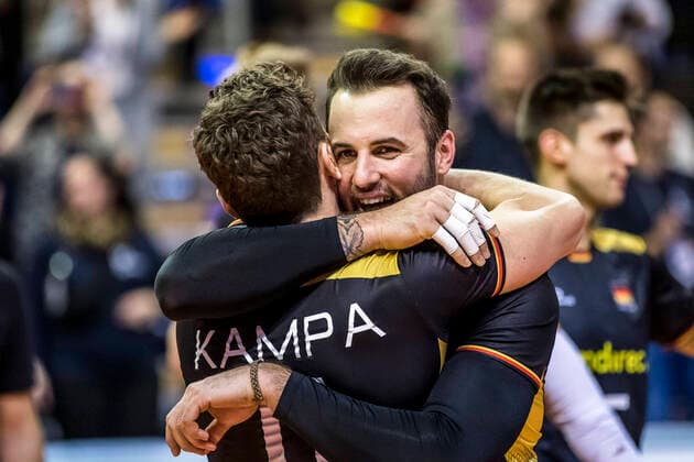 Lying cheering in his arms KAMPA Lukas Immanuel 11 Setter GER GROZER Georg György 9 Opposite GER 09 01 2020 Berlin, CEV European Olympic Qualification Tokyo 2020,