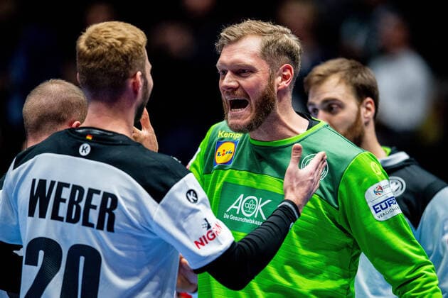 200109 Philipp Weber and goalkeeper Johannes Bitter of Germany celebrate after the EHF European Handball Championship match between Germany and the Netherlands on January 9, 2020 in Trondheim Photo Vegard Wivestad Grott BILDBYRAN kod VG 170456 bbeng handball handball handball handball em 2020 european mens handball championship 2020 em 2020 handballs em 2020 ehf euro 2020 germany germany germany holland netherlands cheering,  Copyright: VEGARDxWIVESTADxGRoTT BB200109VG087