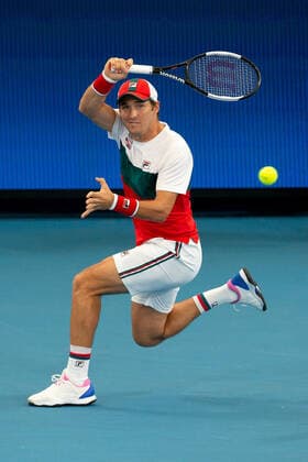SYDNEY, AUSTRALIA - JANUARY 10: Dusan Lajovic of Serbia plays a forehand during day eight of the quarter-final singles match at the 2020 ATP, Tennis Herren Cup Tennis at Ken Rosewall Arena on January 10, 2020 in Sydney, Australia. (Photo by Speed Media Icon Sportswire) TENNIS: JAN 10 ATP Cup Sydney Icon20010106017