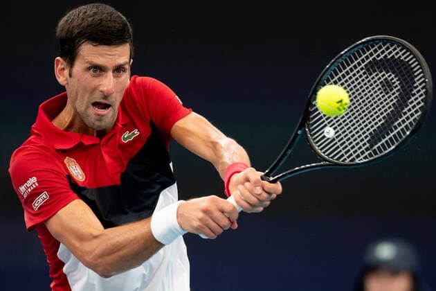 SYDNEY, AUSTRALIA - JANUARY 10: Novak Djokovic of Serbia plays a backhand during day eight of the quarter-final singles match at the 2020 ATP, Tennis Herren Cup Tennis at Ken Rosewall Arena on January 10, 2020 in Sydney, Australia. (Photo by Speed Media Icon Sportswire) TENNIS: JAN 10 ATP Cup Sydney Icon2001101213