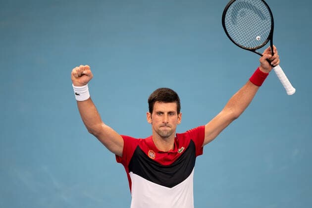 SYDNEY, AUSTRALIA - JANUARY 10: Novak Djokovic of Serbia celebrates his win over Denis Shapovalov of Canada during day eight of the quarter-final singles match at the 2020 ATP, Tennis Herren Cup Tennis at Ken Rosewall Arena on January 10, 2020 in Sydney, Australia. (Photo by Speed Media Icon Sportswire) TENNIS: JAN 10 ATP Cup Sydney Icon2001102023