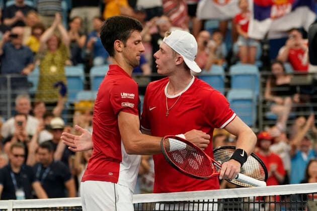 ATP, Tennis Herren CUP SYDNEY DAY 8, Novak Djokovic of Serbia shakes hands with Denis Shapovalou of Canada after winning his match during day 8 of the ATP Cup tennis tournament at Ken Rosewall Arena in Sydney, Friday, January 10, 2020. ( NO ARCHIVING, EDITORIAL USE ONLY, NO USE IN BOOKS WITHOUT CONSENT SYDNEY NSW AUSTRALIA  Copyright: xMARKxEVANSx 20200110001441337929