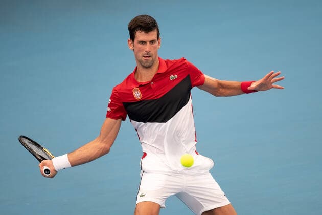 SYDNEY, AUSTRALIA - JANUARY 10: Novak Djokovic of Serbia plays a forehand during day eight of the quarter-final singles match at the 2020 ATP, Tennis Herren Cup Tennis at Ken Rosewall Arena on January 10, 2020 in Sydney, Australia. (Photo by Speed Media Icon Sportswire) TENNIS: JAN 10 ATP Cup Sydney Icon2001101543
