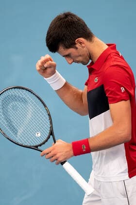 SYDNEY, AUSTRALIA - JANUARY 10: Novak Djokovic of Serbia pumps his fist during day eight of the quarter-final singles match at the 2020 ATP, Tennis Herren Cup Tennis at Ken Rosewall Arena on January 10, 2020 in Sydney, Australia. (Photo by Speed Media Icon Sportswire) TENNIS: JAN 10 ATP Cup Sydney Icon2001101661