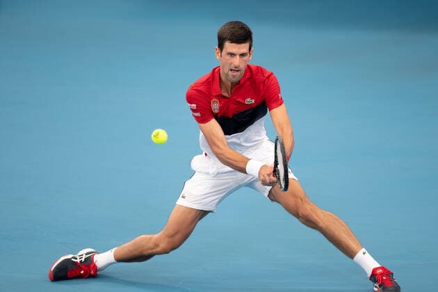 SYDNEY, AUSTRALIA - JANUARY 10: Novak Djokovic of Serbia plays a backhand during day eight of the quarter-final singles match at the 2020 ATP, Tennis Herren Cup Tennis at Ken Rosewall Arena on January 10, 2020 in Sydney, Australia. (Photo by Speed Media Icon Sportswire) TENNIS: JAN 10 ATP Cup Sydney Icon2001101882