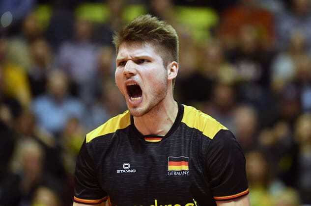 Ruben Schott Germany , cheers after one point France Germany France Germany CEV Tokyo Volleyball Europe Qualification 2020 CEV Tokyo Volleyball European Qualification 2020 Final, Final, Men, Men, Men, Men, Volleyball, , Germany, Max Schmeling Halle Berlin, 10 1 2020