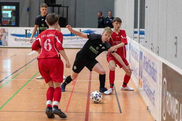 Luca Schwarzwälder TSV Gaildorf , Fabian Lienhart SK Sturm Graz and Lasse Reinhuber TSV Gaildorf Germany, Gaildorf, 11 01 2020, youth football, U17 Youth Euro Cup 2020, sports hall