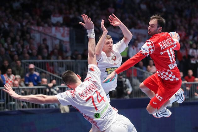 Graz: Croatian handball team meets Belarus in 2nd round of European Championship, EM, Europameisterschaft 11.01.2020., Stadthalle Graz, Graz, Austria - European Handball Championship, Group A, Round 2, Croatia - Belarus. Igor Karacic, Viachaslau Bokhan.  LukaxStanzl PIXSELL