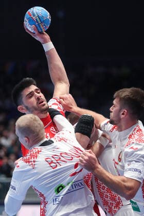Graz: Croatian handball team meets Belarus in 2nd round of European Championship, EM, Europameisterschaft 11.01.2020., Stadthalle Graz, Graz, Austria - European Handball Championship, Group A, Round 2, Croatia - Belarus. Luka Stepancic, Ivan Brouka, Vadim Gayduchenko LukaxStanzl PIXSELL