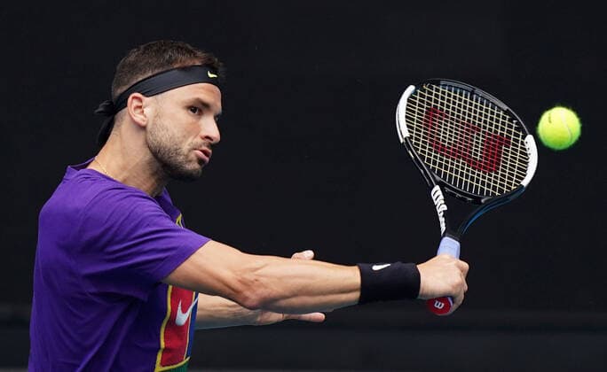 TENNIS AUSTRALIAN OPEN PREVIEW, Grigor Dimitrov of Bulgaria plays a shot at a practice session during the one week to go preview of the Australian Open 2020 at Melbourne Park in Melbourne, Sunday, January 12, 2020. ( NO ARCHIVING, EDITORIAL USE ONLY, NO USE IN BOOKS WITHOUT CONSENT MELBOURNE VIC AUSTRALIA  Copyright: xSCOTTxBARBOURx 20200112001441648268