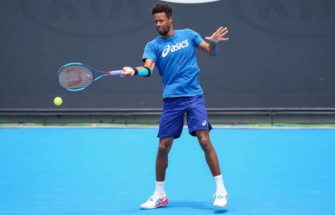 TENNIS AUSTRALIAN OPEN PREVIEW, Gael Monfils of France plays a shot at a practice session during the one week to go preview of the Australian Open 2020 at Melbourne Park in Melbourne, Sunday, January 12, 2020. ( NO ARCHIVING, EDITORIAL USE ONLY, NO USE IN BOOKS WITHOUT CONSENT MELBOURNE VIC AUSTRALIA  Copyright: xSCOTTxBARBOURx 20200112001441688601
