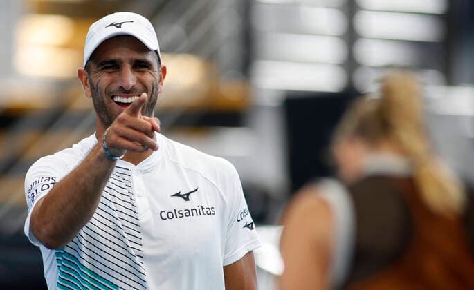 ADELAIDE INTERNATIONAL DAY 1, Robert Farah of Columbia celebrates after winning a point against Angelique Kerber of Germany and Robert Farah of Columbia during the Adelaide International Rally for Resilience exhibition game on day 1 of the Adelaide International tennis tournament atMemorial Drive Tennis Centre inAdelaide, Sunday, January 12, 2020. ( NO ARCHIVING, EDITORIAL USE ONLY, NO USE IN BOOKS WITHOUT CONSENT ADELAIDE SA AUSTRALIA  Copyright: xKELLYxBARNESx 20200112001441698126